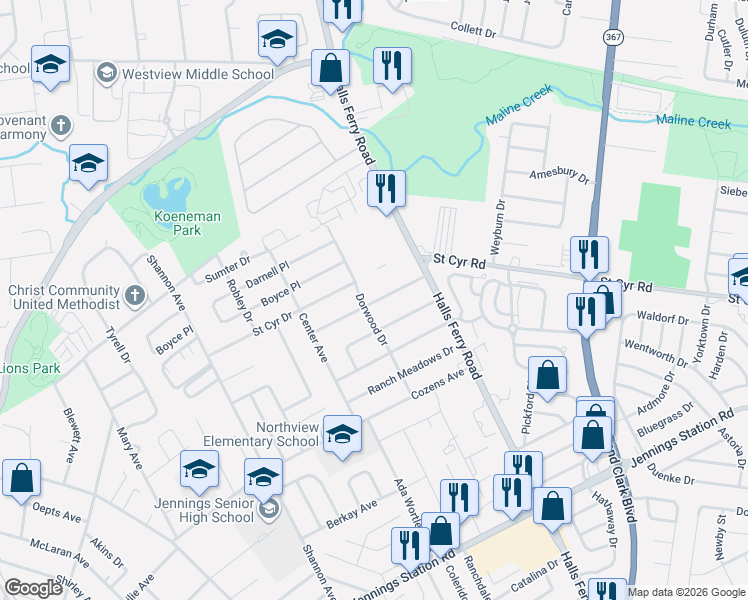 map of restaurants, bars, coffee shops, grocery stores, and more near 9213 Leamont Drive in St. Louis
