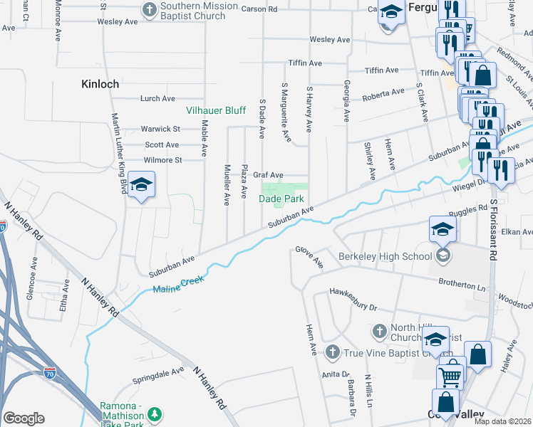 map of restaurants, bars, coffee shops, grocery stores, and more near 717 Suburban Avenue in Ferguson