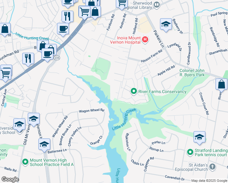 map of restaurants, bars, coffee shops, grocery stores, and more near 8216 Holland Road in Alexandria