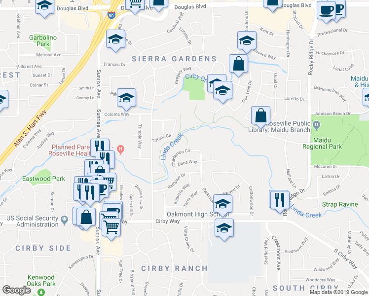 map of restaurants, bars, coffee shops, grocery stores, and more near 908 Woodlake Lane in Roseville