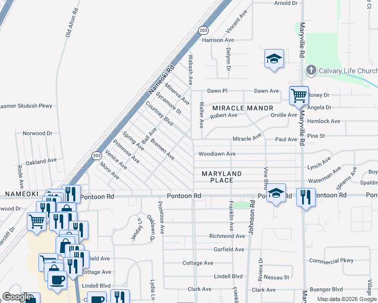 map of restaurants, bars, coffee shops, grocery stores, and more near 1816 Ferguson Avenue in Granite City