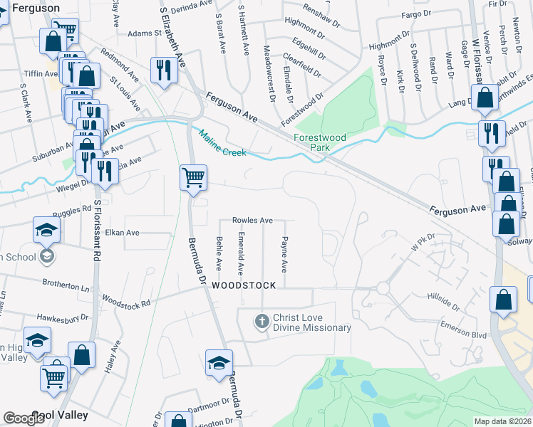 map of restaurants, bars, coffee shops, grocery stores, and more near 7485 Rowles Avenue in Ferguson