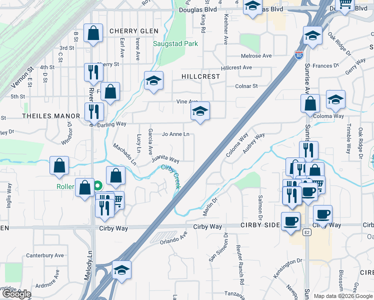 map of restaurants, bars, coffee shops, grocery stores, and more near 711 Belle Lane in Roseville