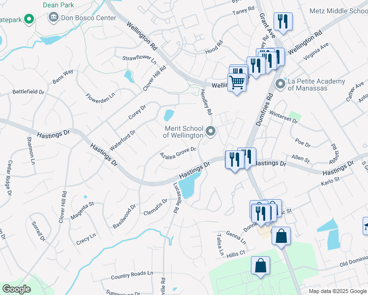 map of restaurants, bars, coffee shops, grocery stores, and more near 9310 Saffron Hill Court in Manassas