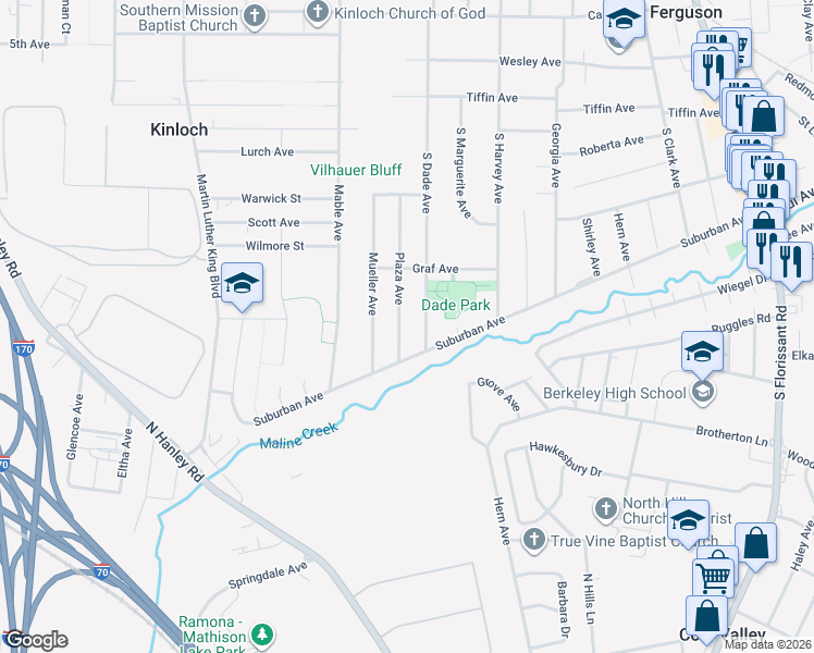 map of restaurants, bars, coffee shops, grocery stores, and more near 450 Plaza Avenue in Ferguson