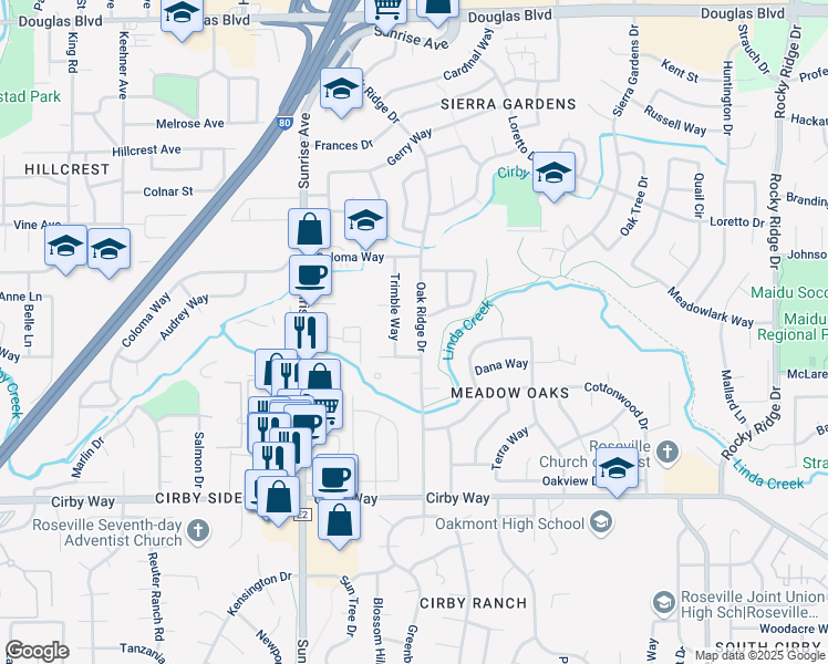 map of restaurants, bars, coffee shops, grocery stores, and more near 906 Oak Ridge Drive in Roseville