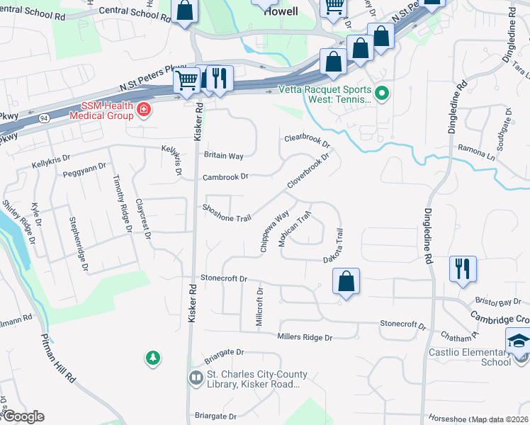 map of restaurants, bars, coffee shops, grocery stores, and more near 4625 Chippewa Way in Saint Charles