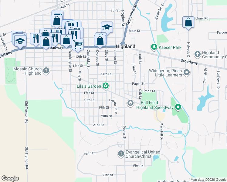 map of restaurants, bars, coffee shops, grocery stores, and more near 1530 Lemon Street in Highland