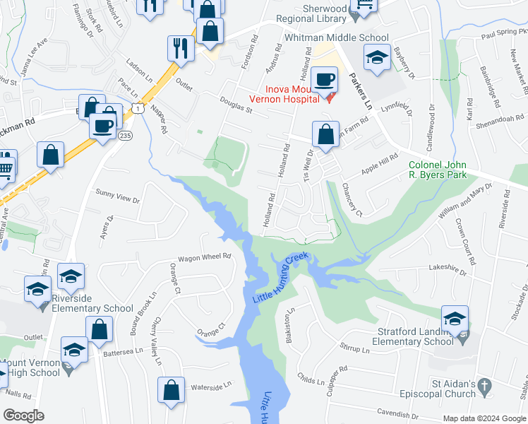 map of restaurants, bars, coffee shops, grocery stores, and more near 8216 Holland Road in Alexandria