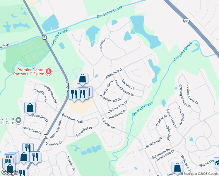 map of restaurants, bars, coffee shops, grocery stores, and more near 159 Berryville Place in Saint Charles