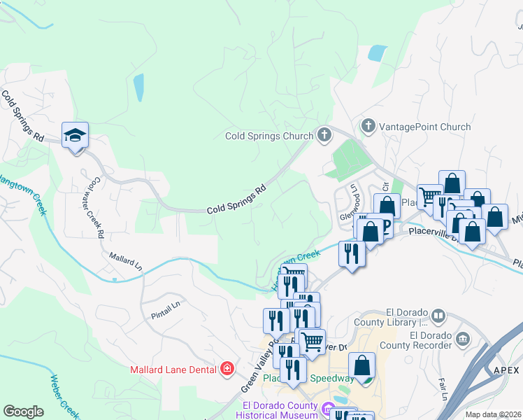 map of restaurants, bars, coffee shops, grocery stores, and more near 2701 Boulder Lane in Placerville
