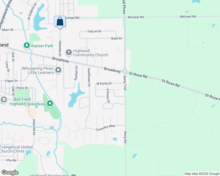 map of restaurants, bars, coffee shops, grocery stores, and more near 55 Warbler Drive in Highland