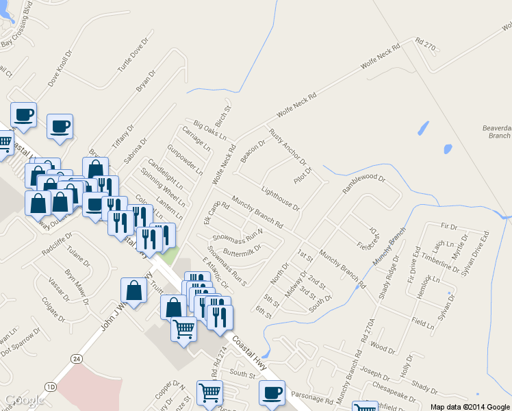 map of restaurants, bars, coffee shops, grocery stores, and more near 18487 Munchy Branch Road in Rehoboth Beach