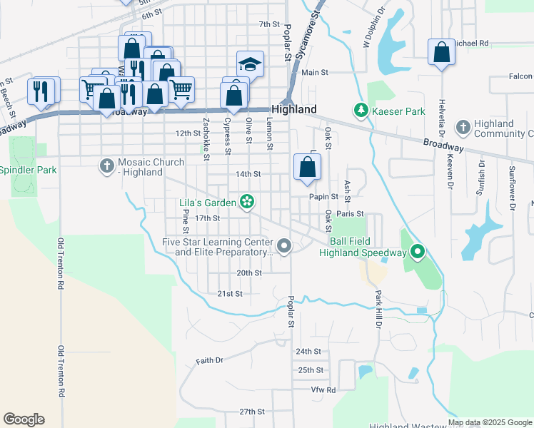 map of restaurants, bars, coffee shops, grocery stores, and more near 1530 Lemon Street in Highland