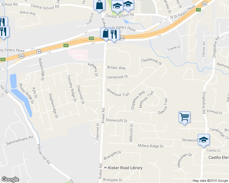 map of restaurants, bars, coffee shops, grocery stores, and more near 4671 Shoshone Trail in Saint Charles