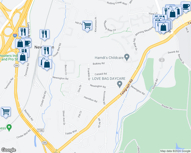 map of restaurants, bars, coffee shops, grocery stores, and more near 6729 Catskill Road in Lorton