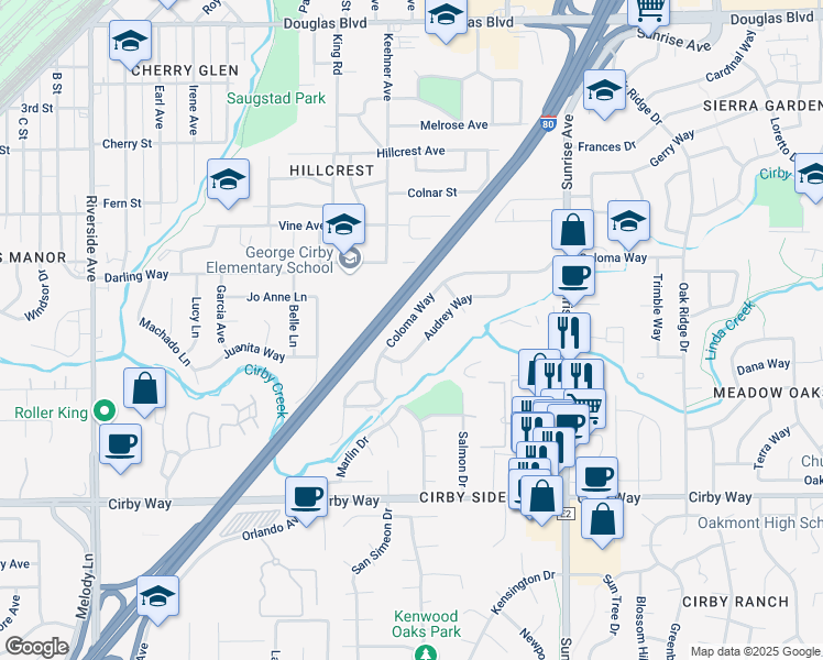 map of restaurants, bars, coffee shops, grocery stores, and more near 1012 Coloma Way in Roseville