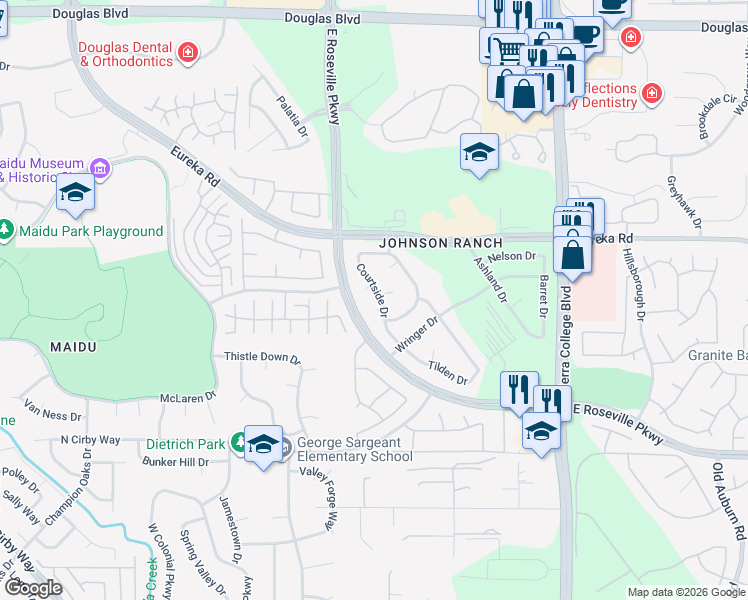 map of restaurants, bars, coffee shops, grocery stores, and more near 1125 Coral Drive in Roseville