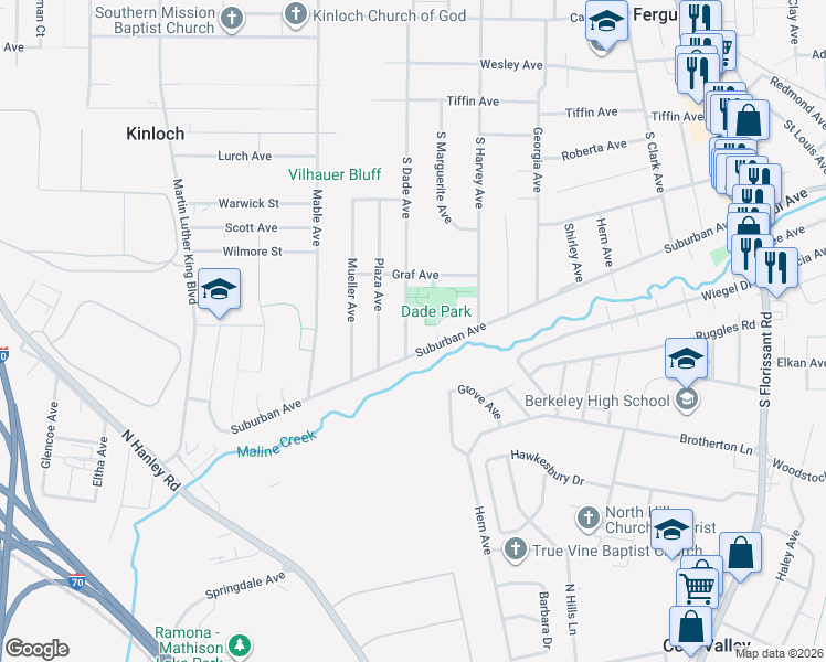 map of restaurants, bars, coffee shops, grocery stores, and more near 717 Suburban Avenue in Ferguson