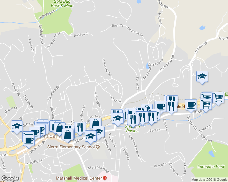 map of restaurants, bars, coffee shops, grocery stores, and more near 2885 Anderson Way in Placerville