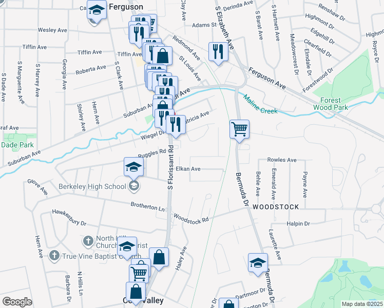 map of restaurants, bars, coffee shops, grocery stores, and more near 101 Fermo Avenue in Ferguson