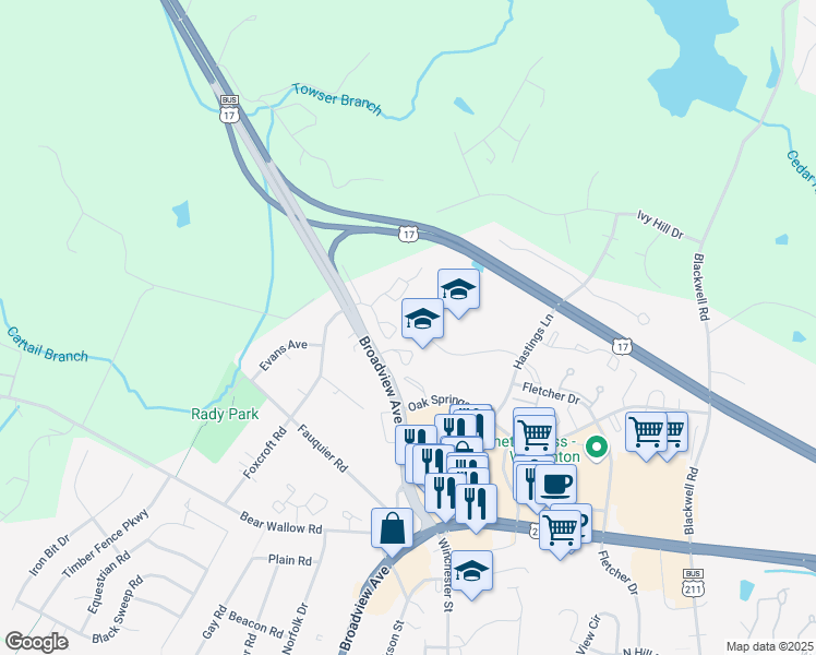 map of restaurants, bars, coffee shops, grocery stores, and more near 597 Broadview Avenue in Warrenton