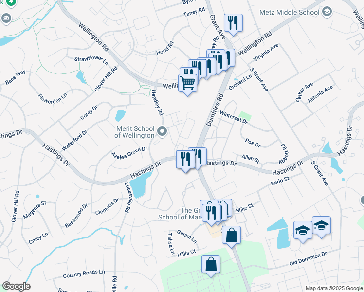 map of restaurants, bars, coffee shops, grocery stores, and more near 10275 Fountain Circle in Manassas