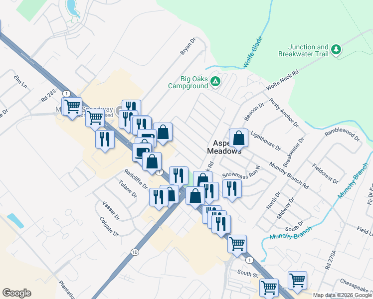 map of restaurants, bars, coffee shops, grocery stores, and more near 41 Lantern Lane in Rehoboth Beach