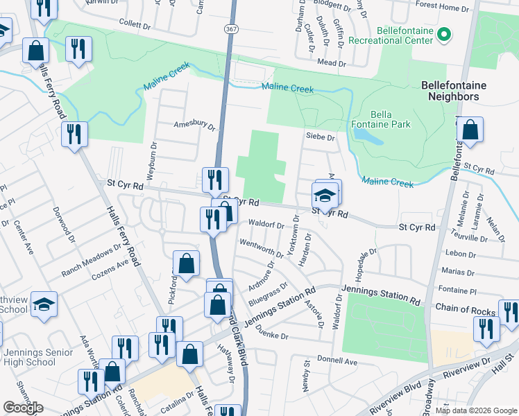 map of restaurants, bars, coffee shops, grocery stores, and more near 1242 Saint Cyr Road in St. Louis
