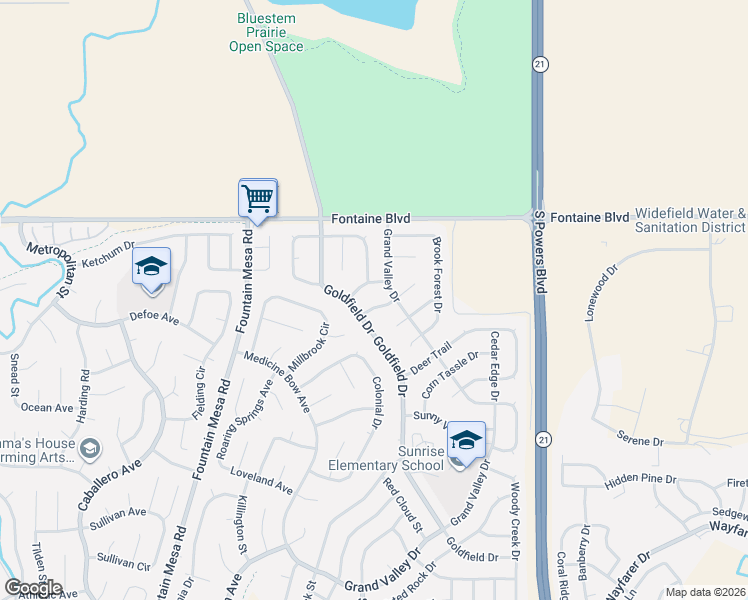 map of restaurants, bars, coffee shops, grocery stores, and more near 7440 Vineland Trail in Colorado Springs