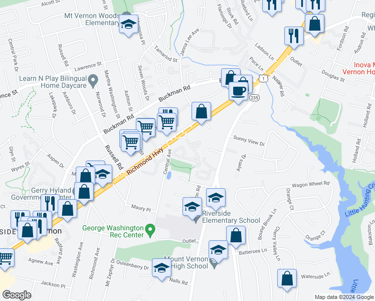map of restaurants, bars, coffee shops, grocery stores, and more near 8328 Hunter Murphy Circle in Alexandria