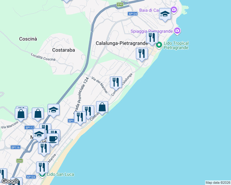 map of restaurants, bars, coffee shops, grocery stores, and more near 18 Contrada Calalunga in Calalunga-pietragrande