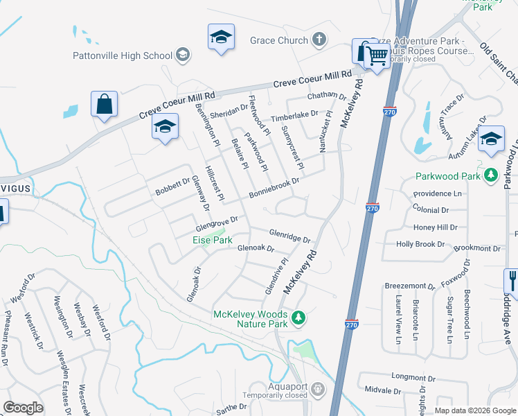 map of restaurants, bars, coffee shops, grocery stores, and more near 11972 Kentwood Drive in Maryland Heights