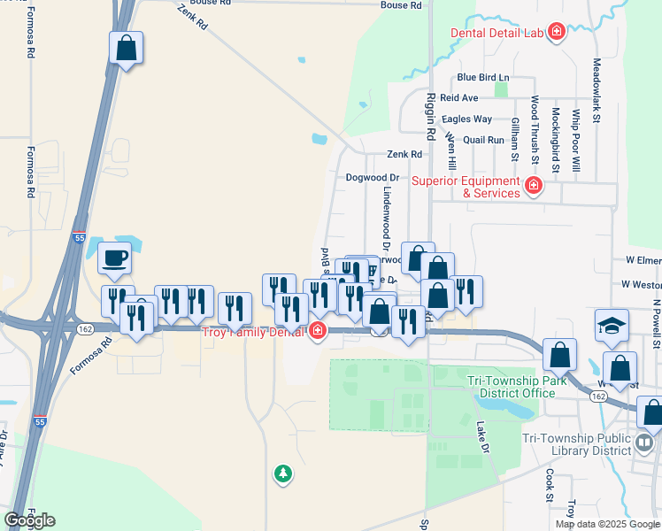map of restaurants, bars, coffee shops, grocery stores, and more near 335 Bargraves Boulevard in Troy