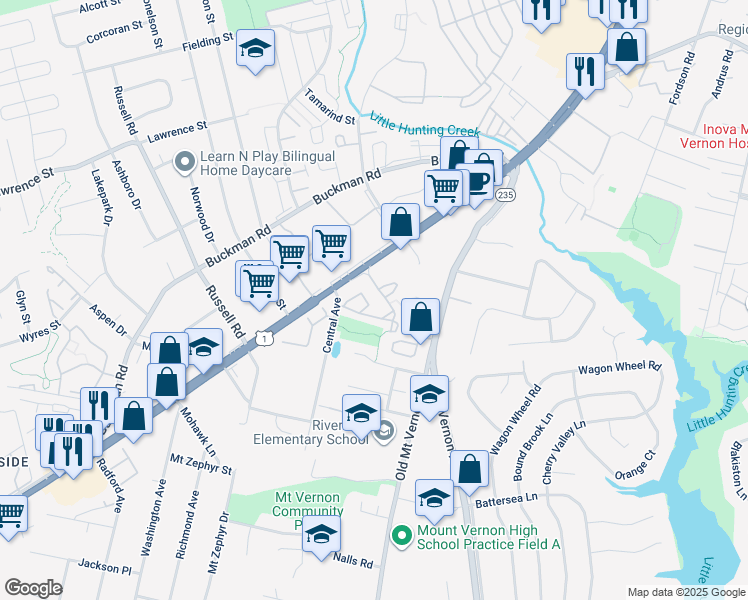 map of restaurants, bars, coffee shops, grocery stores, and more near 8328 Hunter Murphy Circle in Alexandria