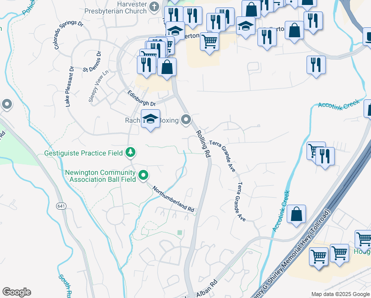 map of restaurants, bars, coffee shops, grocery stores, and more near 7731 Bristol Square Court in Springfield