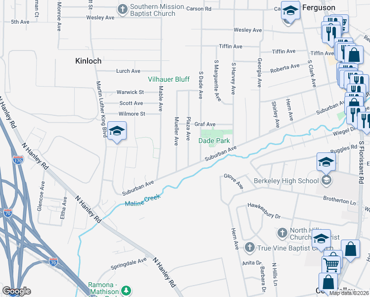 map of restaurants, bars, coffee shops, grocery stores, and more near 450 Plaza Avenue in Ferguson