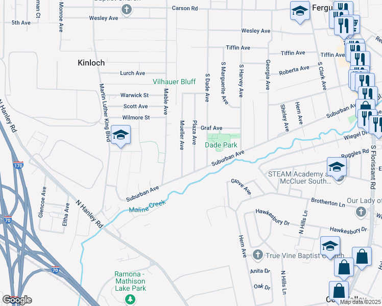 map of restaurants, bars, coffee shops, grocery stores, and more near 445 Plaza Avenue in St. Louis