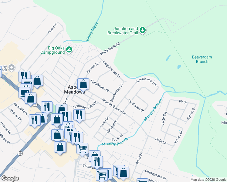 map of restaurants, bars, coffee shops, grocery stores, and more near 7 Breakwater Drive in Rehoboth Beach