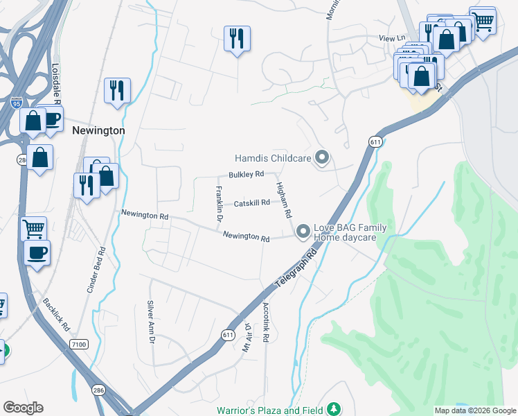 map of restaurants, bars, coffee shops, grocery stores, and more near 6713 Catskill Road in Lorton