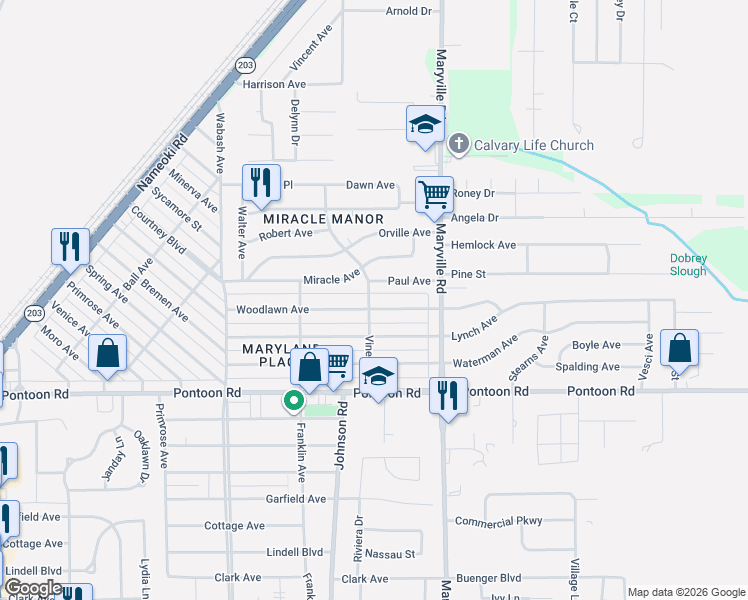 map of restaurants, bars, coffee shops, grocery stores, and more near 2305 Woodlawn Avenue in Granite City