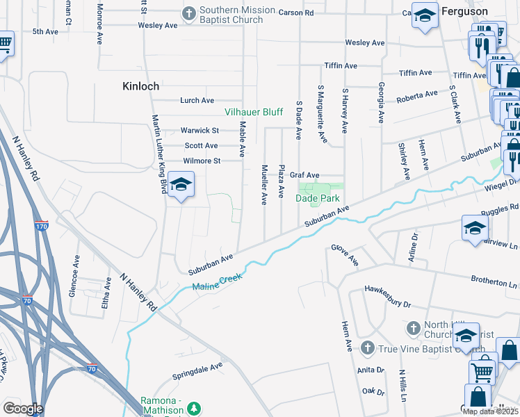 map of restaurants, bars, coffee shops, grocery stores, and more near 453 Mueller Avenue in Ferguson