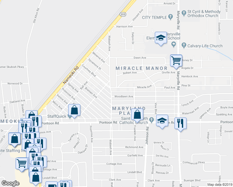 map of restaurants, bars, coffee shops, grocery stores, and more near 2115 Woodlawn Avenue in Granite City