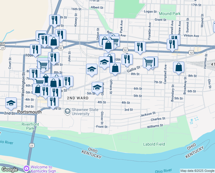 map of restaurants, bars, coffee shops, grocery stores, and more near 1415 6th Street in Portsmouth