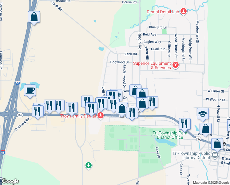 map of restaurants, bars, coffee shops, grocery stores, and more near 525 Buckeye Drive in Troy