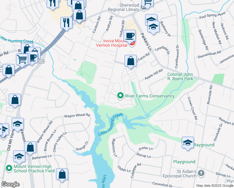 map of restaurants, bars, coffee shops, grocery stores, and more near 8247 Cedar Landing Court in Alexandria