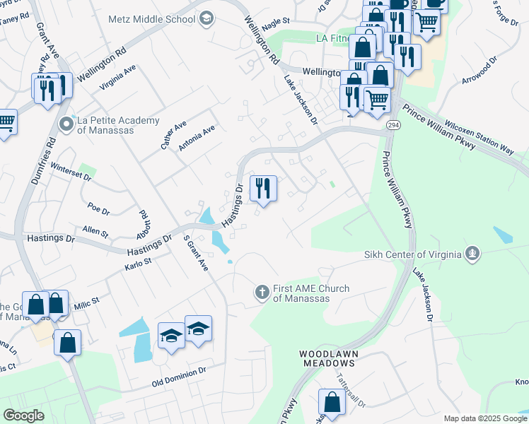map of restaurants, bars, coffee shops, grocery stores, and more near 10273 Windgate Court in Manassas