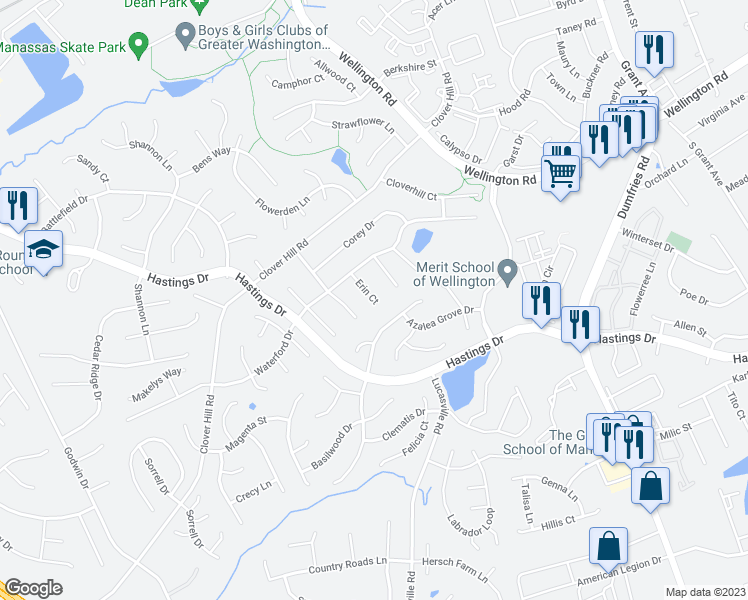 map of restaurants, bars, coffee shops, grocery stores, and more near 10121 Erin Court in Manassas