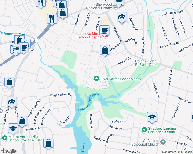 map of restaurants, bars, coffee shops, grocery stores, and more near 8237 Cedar Landing Court in Alexandria