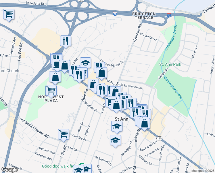 map of restaurants, bars, coffee shops, grocery stores, and more near 10835 Saint Charles Rock Road in Saint Ann